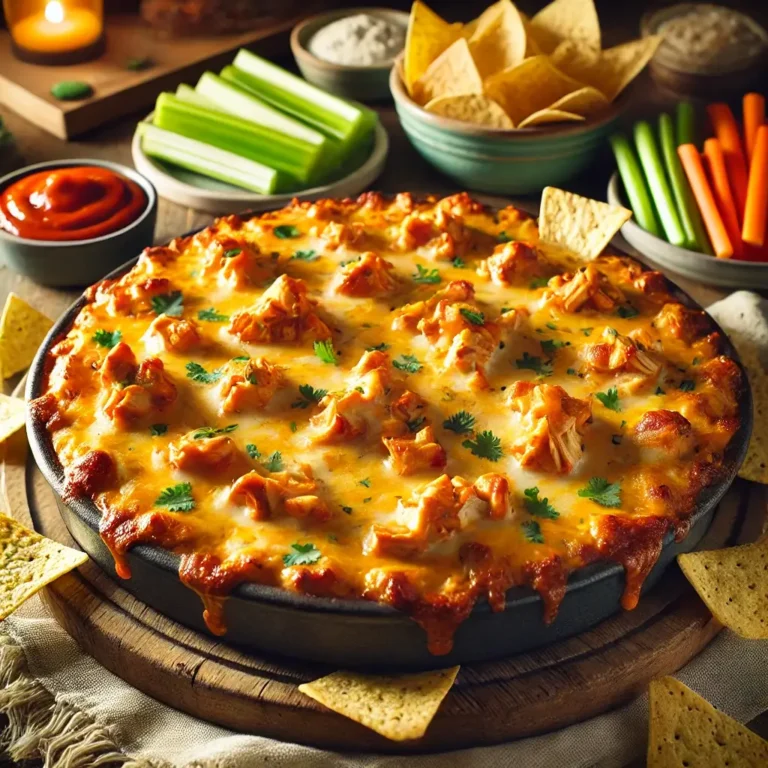 A warm, golden Buffalo Chicken Dip in a rustic dish surrounded by tortilla chips, celery sticks, and carrot slices, set in a cozy, game-day atmosphere.