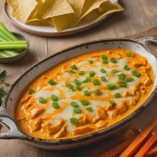 Buffalo Chicken Dip with golden melted cheese, garnished with green onions, served with tortilla chips, celery sticks, and carrot slices.