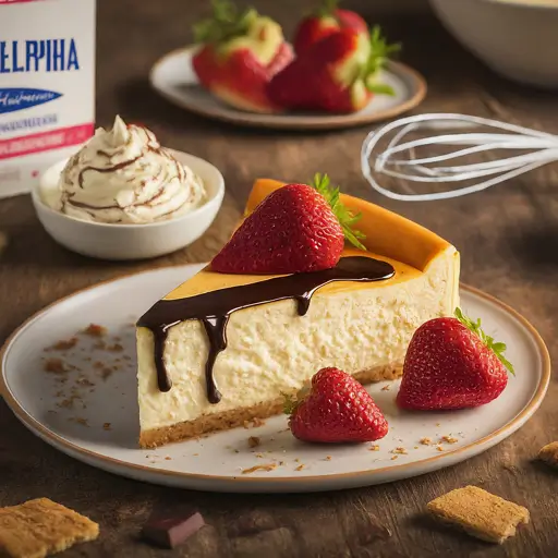 A creamy Philadelphia cheesecake with a golden-brown top on a rustic wooden table, surrounded by fresh strawberries, whipped cream, and a drizzle of chocolate. A slice is cut out, revealing the smooth, rich texture of the cheesecake. Kitchen utensils and ingredients, including graham cracker crumbs and Philadelphia cream cheese, are visible in the background.