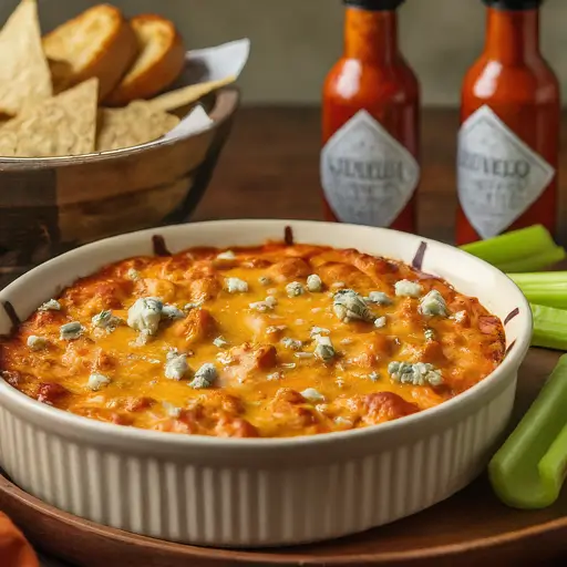 Cheesy Buffalo Chicken Dip in a baking dish with melted cheese, garnished with green onions and blue cheese, surrounded by tortilla chips and celery sticks.