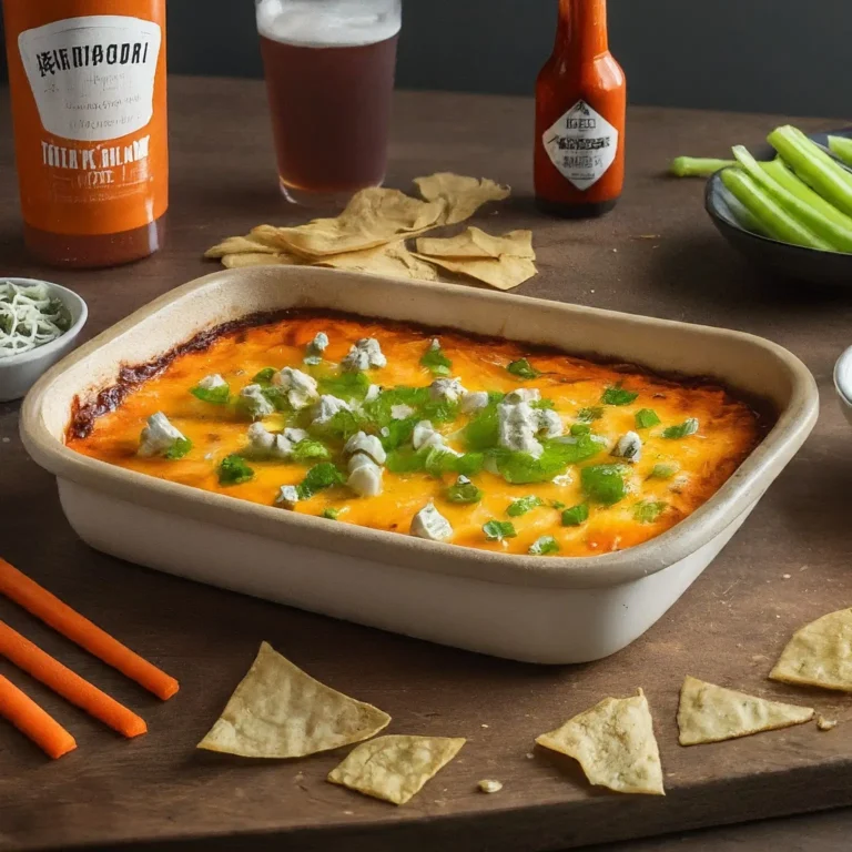 A hot, golden-brown Buffalo Chicken Dip in a ceramic baking dish, garnished with chopped green onions and crumbled blue cheese. The dip is surrounded by celery sticks, tortilla chips, and carrot sticks, with a bottle of buffalo sauce and a serving spoon nearby, creating a cozy, inviting atmosphere.