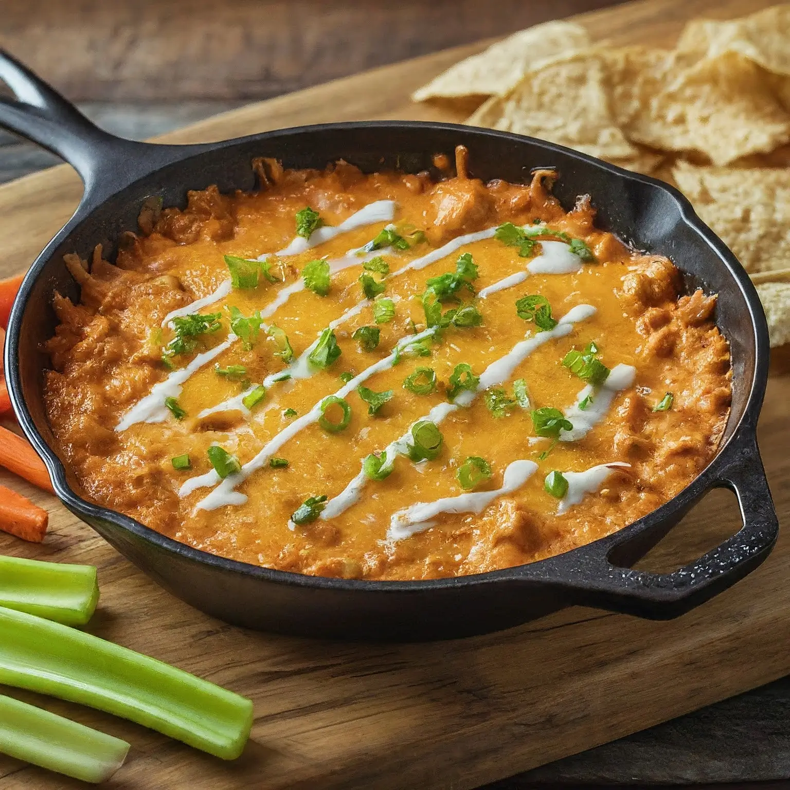 Cheesy buffalo chicken dip in a cast-iron skillet, topped with melted cheese and green onions, surrounded by tortilla chips, celery, and carrot sticks.