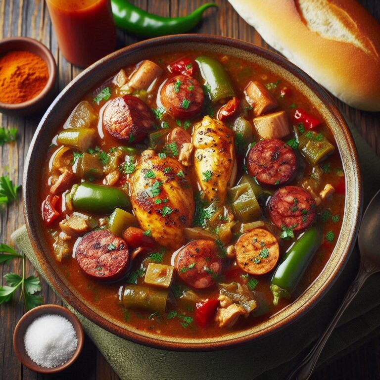 A bowl of Chicken and Sausage Gumbo with tender chicken, smoky andouille sausage, and colorful vegetables in a rich brown broth, served over white rice and garnished with fresh herbs, with hot sauce and French bread on the side.