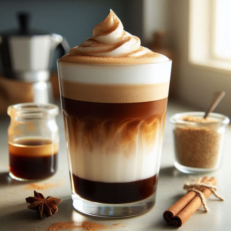 A close-up glass of Brown Sugar Shaken Espresso layered with dark espresso and creamy oat milk, topped with cinnamon, next to a jar of brown sugar syrup on a kitchen counter.