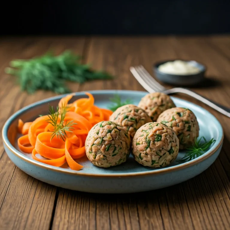 Gefilte fish balls served with ribboned carrots, garnished with fresh dill on a rustic wooden table