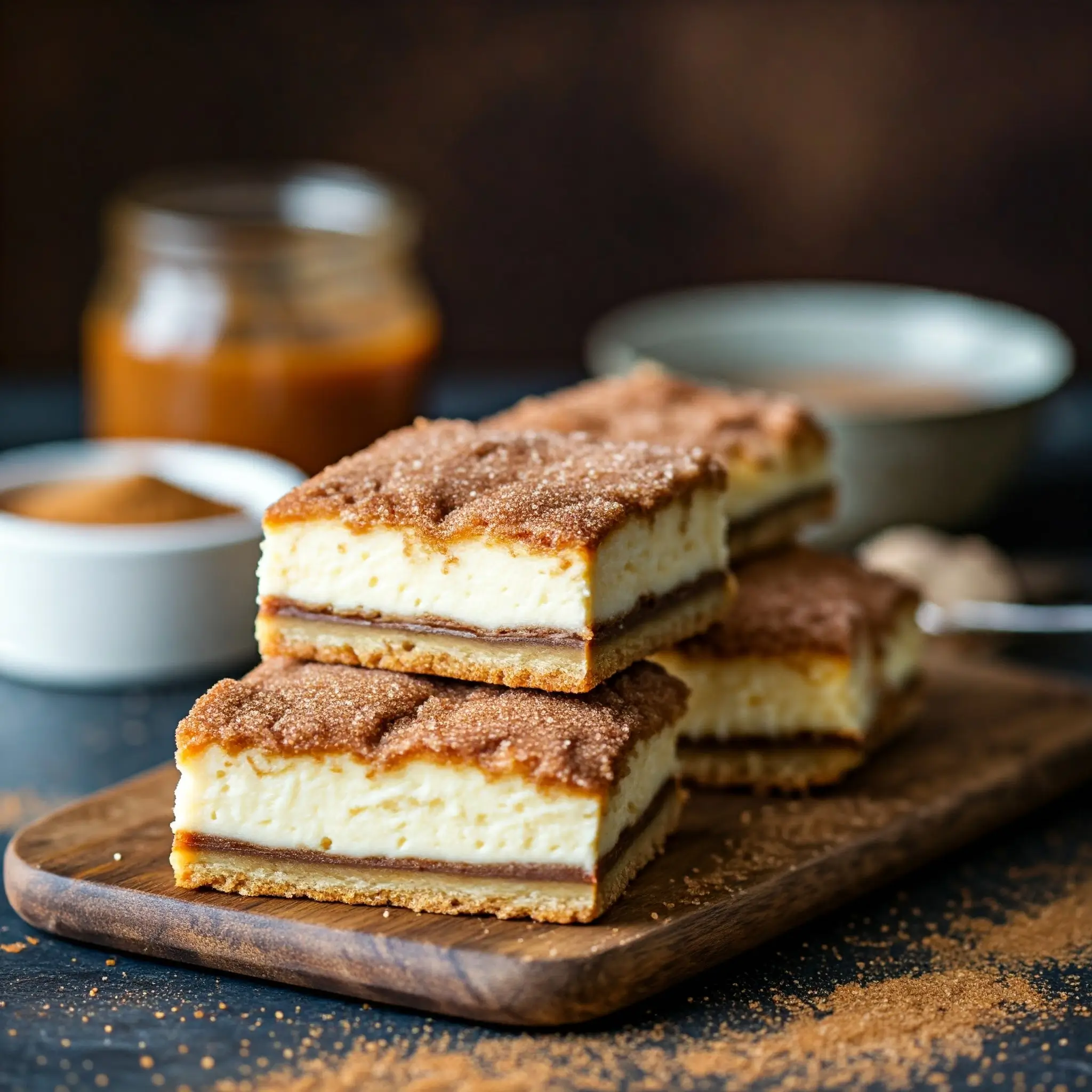 Stack of churro cheesecake bars with cinnamon sugar topping on a wooden board, accompanied by bowls of caramel sauce and cinnamon sugar in the background