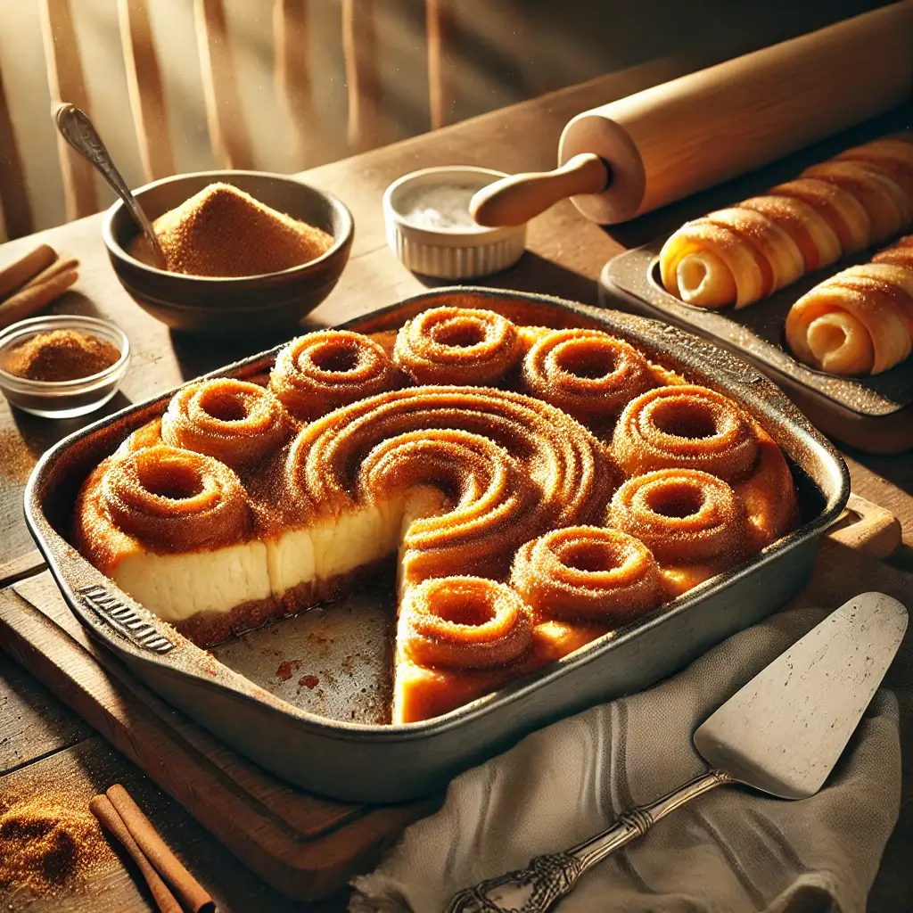 A freshly baked Churro Cheesecake in a rectangular pan, topped with spirals of churro dough dusted with cinnamon sugar. The cheesecake has a slice missing, revealing a creamy, smooth filling beneath the golden churro crust. The table is set with baking ingredients like sugar, cinnamon sticks, and a rolling pin