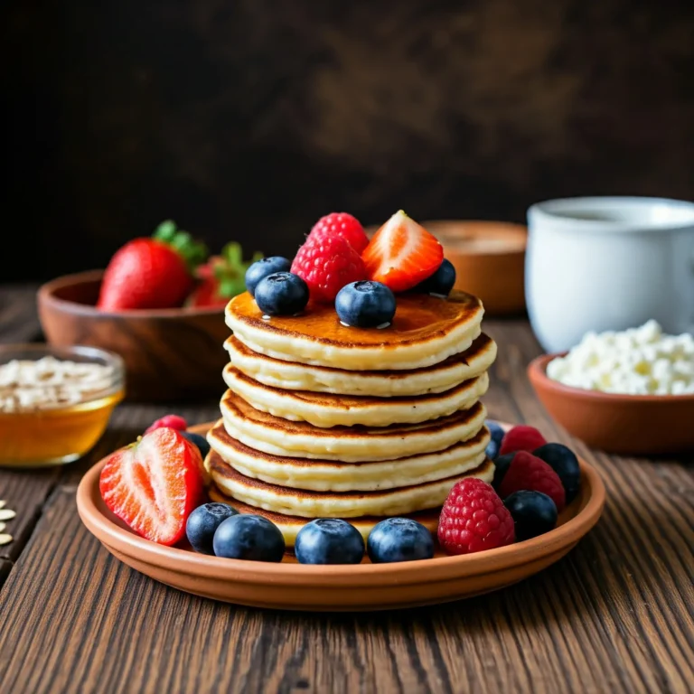 A stack of golden brown cottage cheese pancakes topped with fresh berries, a dollop of cottage cheese, and a drizzle of maple syrup, served on a rustic wooden table alongside bowls of honey, oats, and cottage cheese, with a steaming cup of coffee in the background.