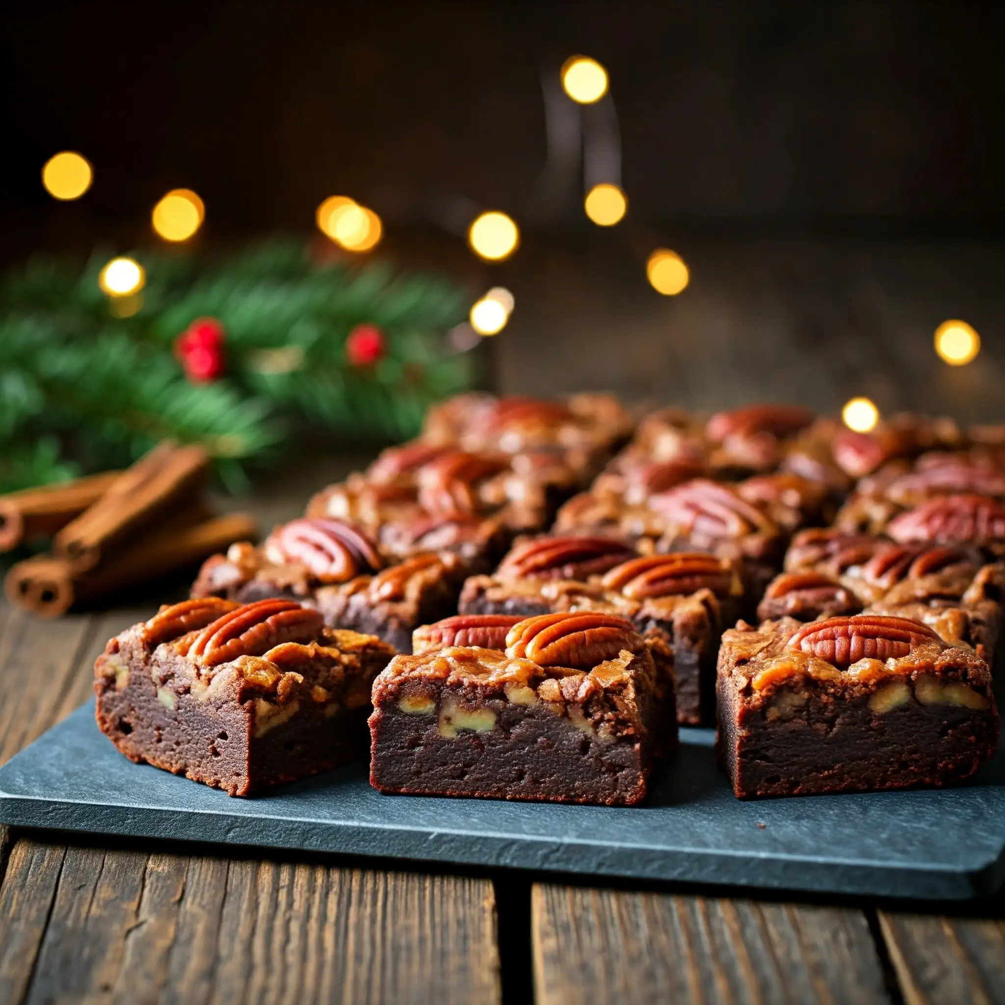 A stone slab on a rustic wooden table holds four squares of freshly baked pecan pie brownies. The brownies have a rich, fudgy base and a glossy, caramel-colored pecan pie topping with golden brown pecans. A small holly sprig and cinnamon sticks rest on the table