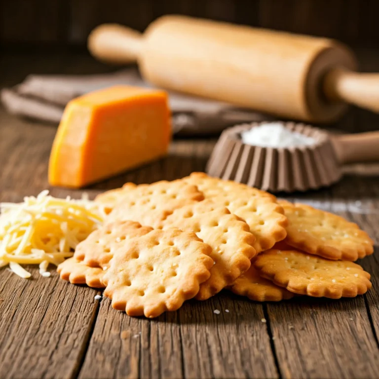 A close-up of homemade cheese crackers with fluted edges, arranged on a rustic wooden surface. In the background, there is a block of cheddar cheese, a small pile of shredded cheese, and a rolling pin, creating a cozy, homemade atmosphere