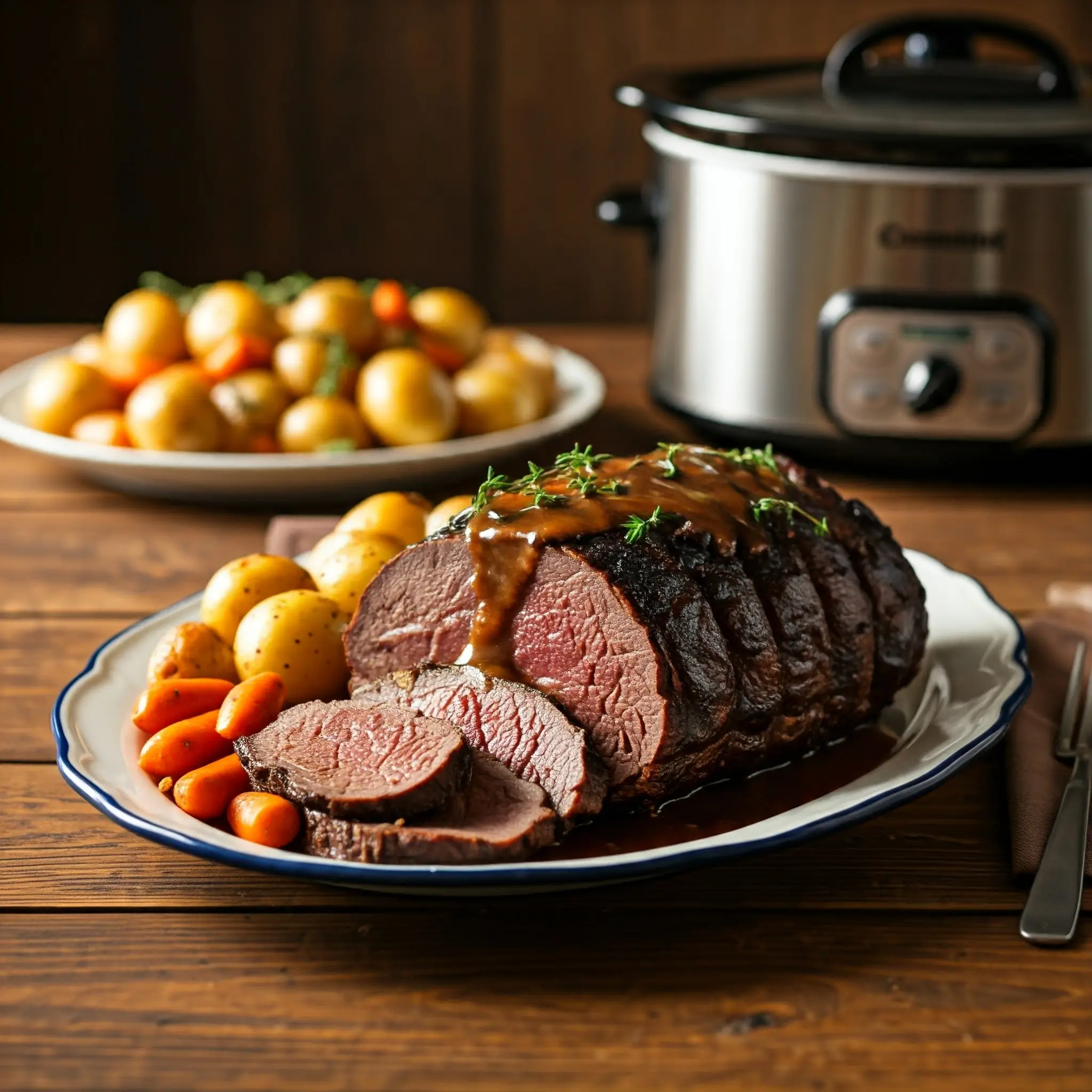 A tender, slow-cooked venison roast served on a platter, surrounded by golden-brown baby potatoes, carrots, and onions, topped with fresh herbs and a rich gravy. The meal is displayed on a rustic wooden table, evoking a cozy, home-cooked feel.