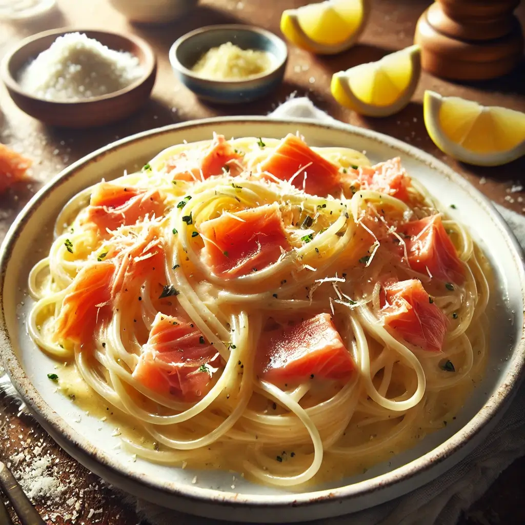 A close-up of creamy hot smoked salmon pasta served on a white plate. The dish features thin spaghetti coated in a creamy lemon sauce, garnished with fresh spinach, dill, and flaky pieces of hot smoked salmon.